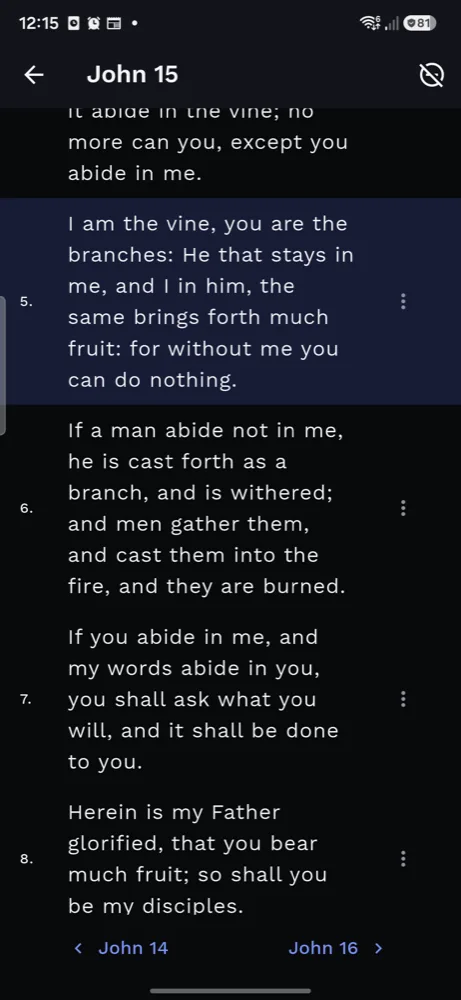 John 15 open in the reader, verse 5 highlighted.