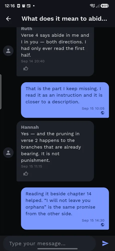 A discussion titled “What does it mean to abide”, with
                  replies from Ruth and Hannah.