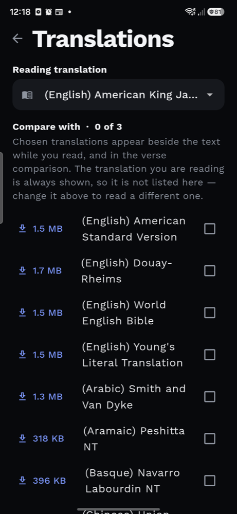 The translation list, with sizes and download buttons.