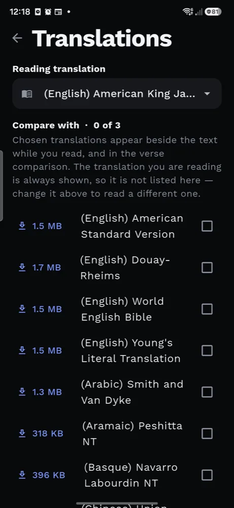The translation list, with sizes and download buttons.